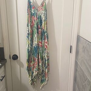 Vibrant Tropical Print Pom-Pom Hem Maxi Sundress